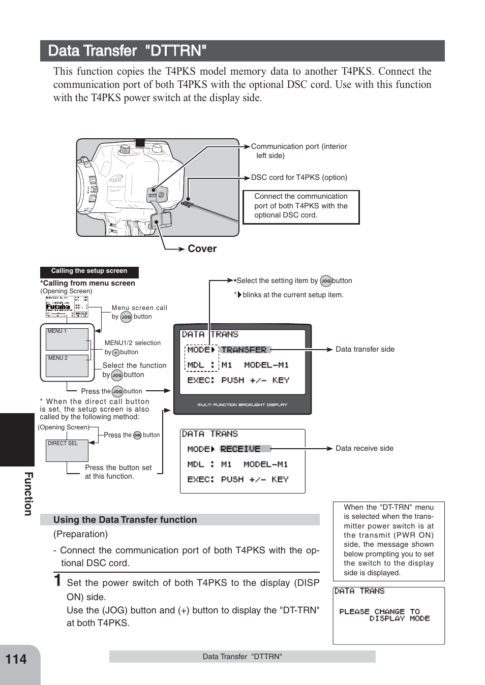 Data transfer "dttrn, Fu n c tio n, Cover | Futaba 4PKS 2.4GHz User Manual | Page 114 / 129