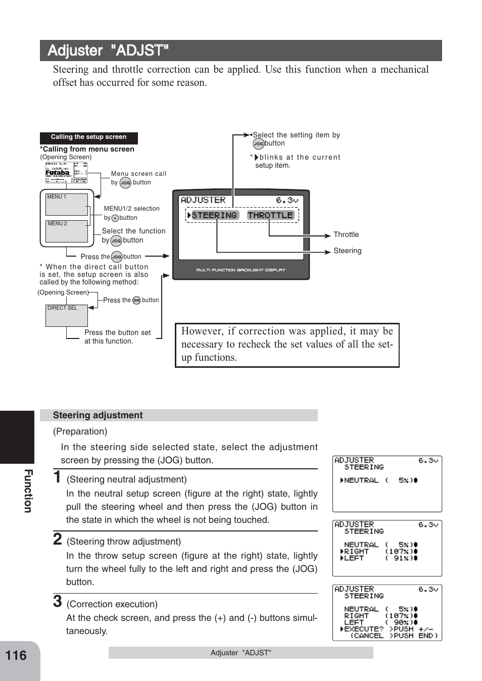 Adjuster "adjst, Fu n c tio n | Futaba 4PKS 2.4GHz User Manual | Page 116 / 129