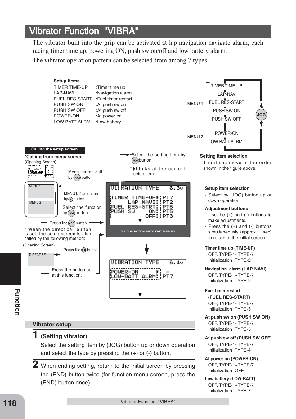Vibrator function "vibra, Fu n c tio n | Futaba 4PKS 2.4GHz User Manual | Page 118 / 129