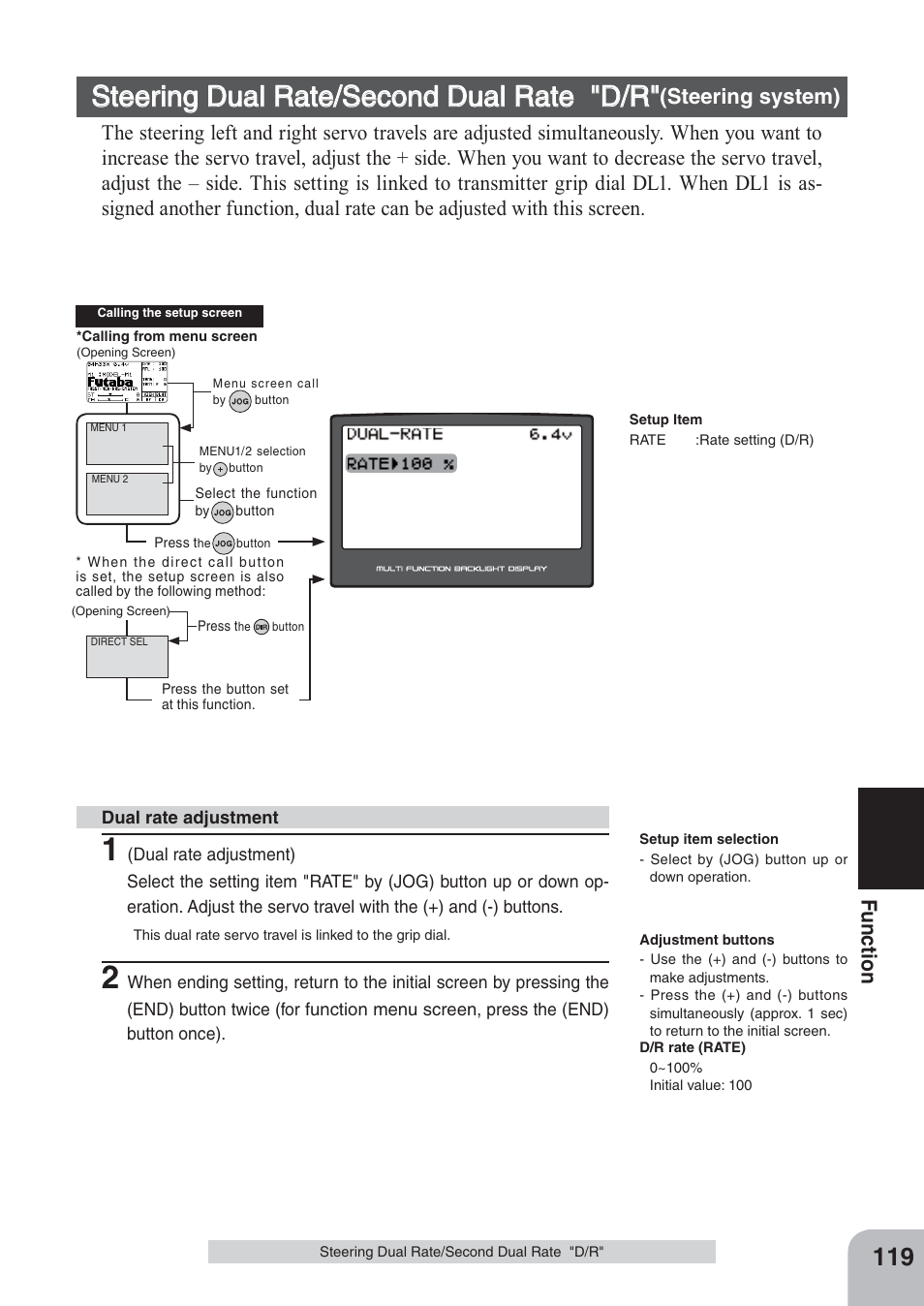 Steering dual rate/second dual rate "d/r, Fu n c tio n | Futaba 4PKS 2.4GHz User Manual | Page 119 / 129