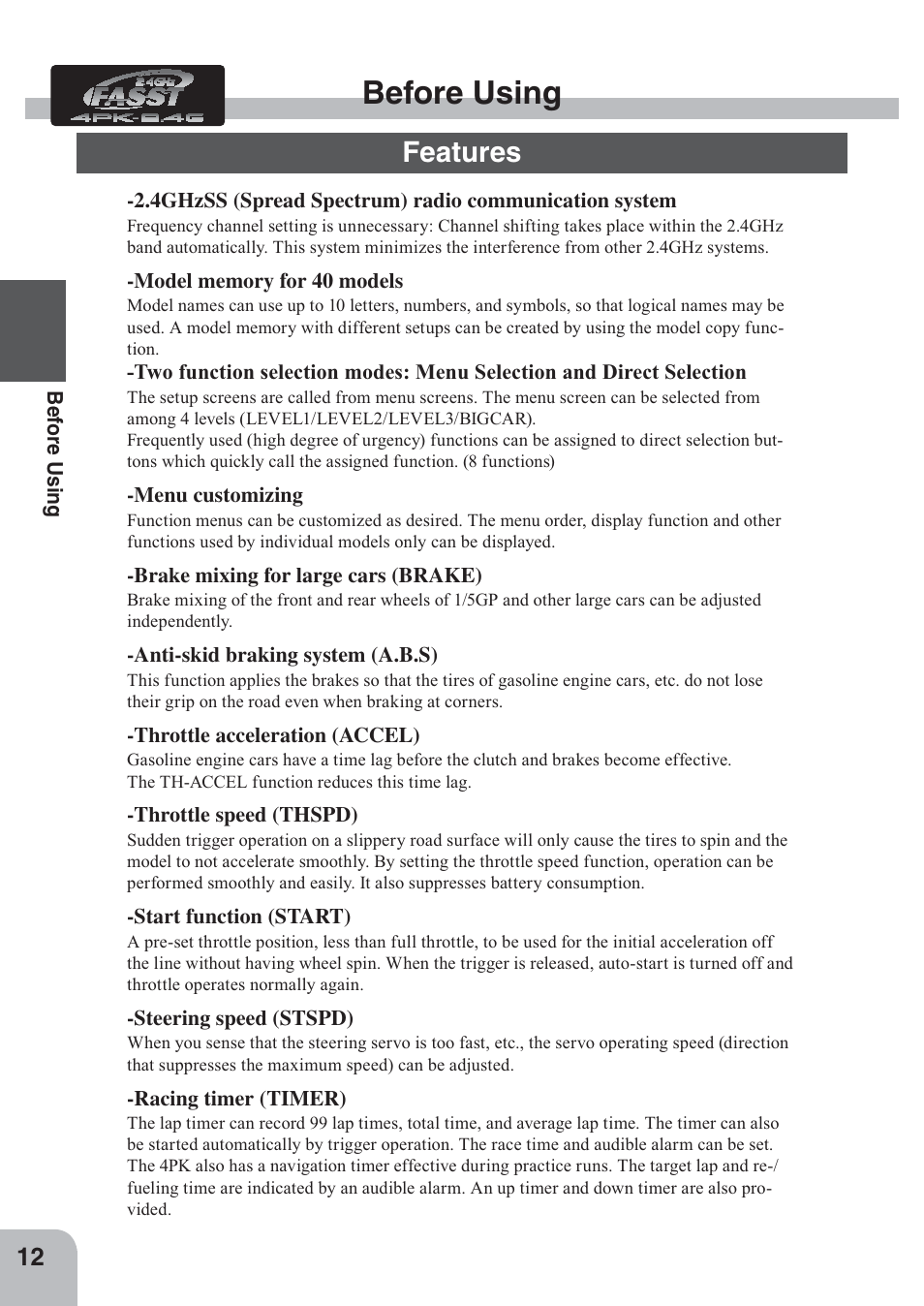 Before using, Features | Futaba 4PKS 2.4GHz User Manual | Page 12 / 129