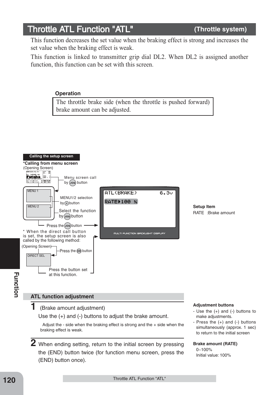 Throttle atl function "atl, Fu n c tio n | Futaba 4PKS 2.4GHz User Manual | Page 120 / 129