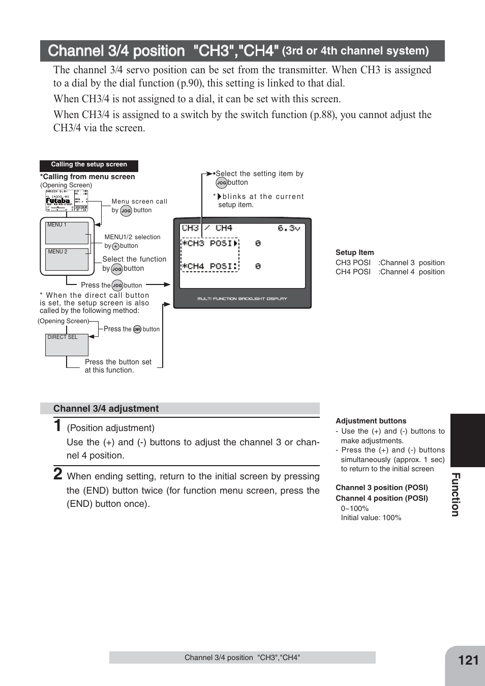 Channel 3/4 position "ch3","ch4, Fu n c tio n | Futaba 4PKS 2.4GHz User Manual | Page 121 / 129