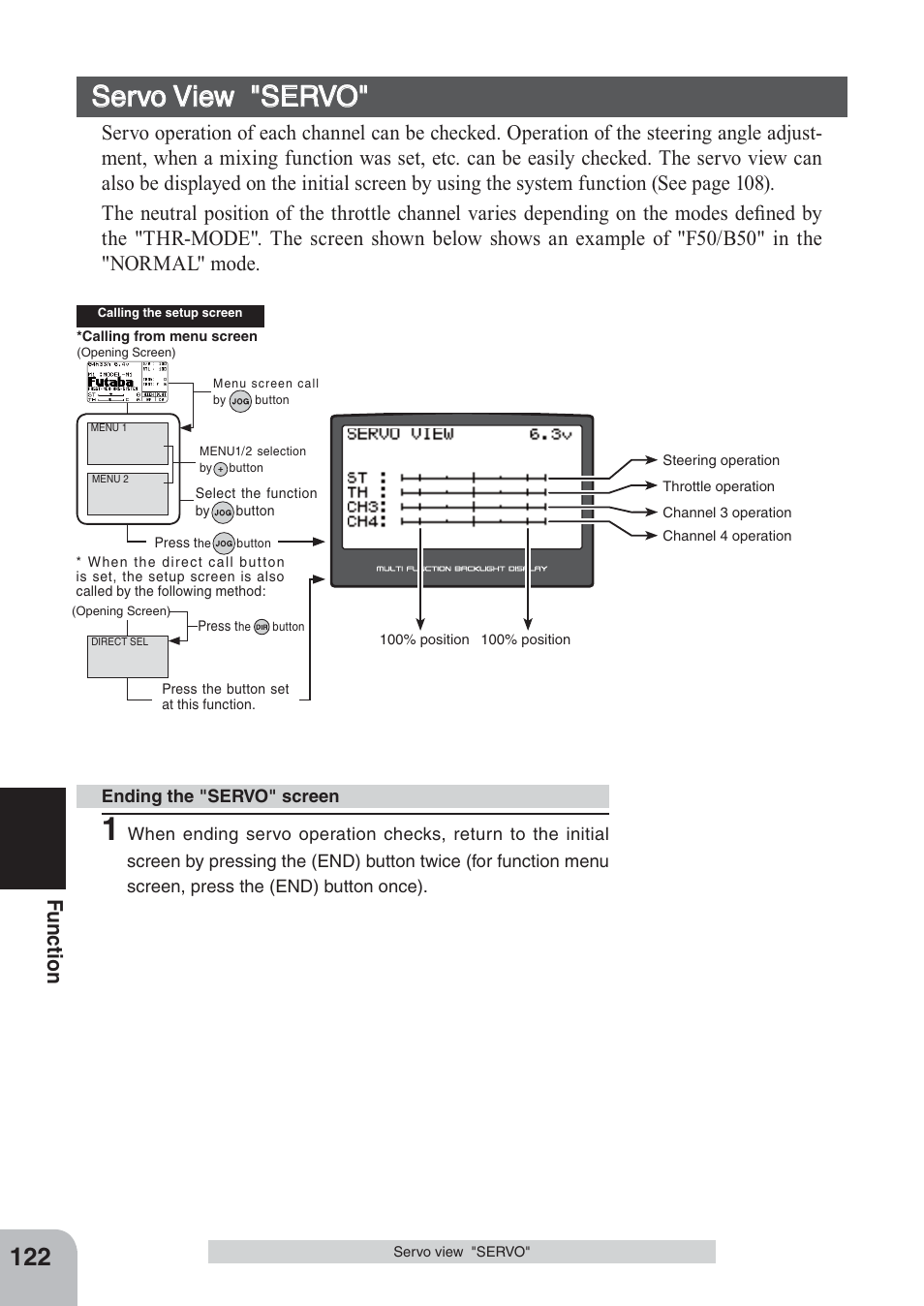 Servo view "servo, Fu n c tio n | Futaba 4PKS 2.4GHz User Manual | Page 122 / 129