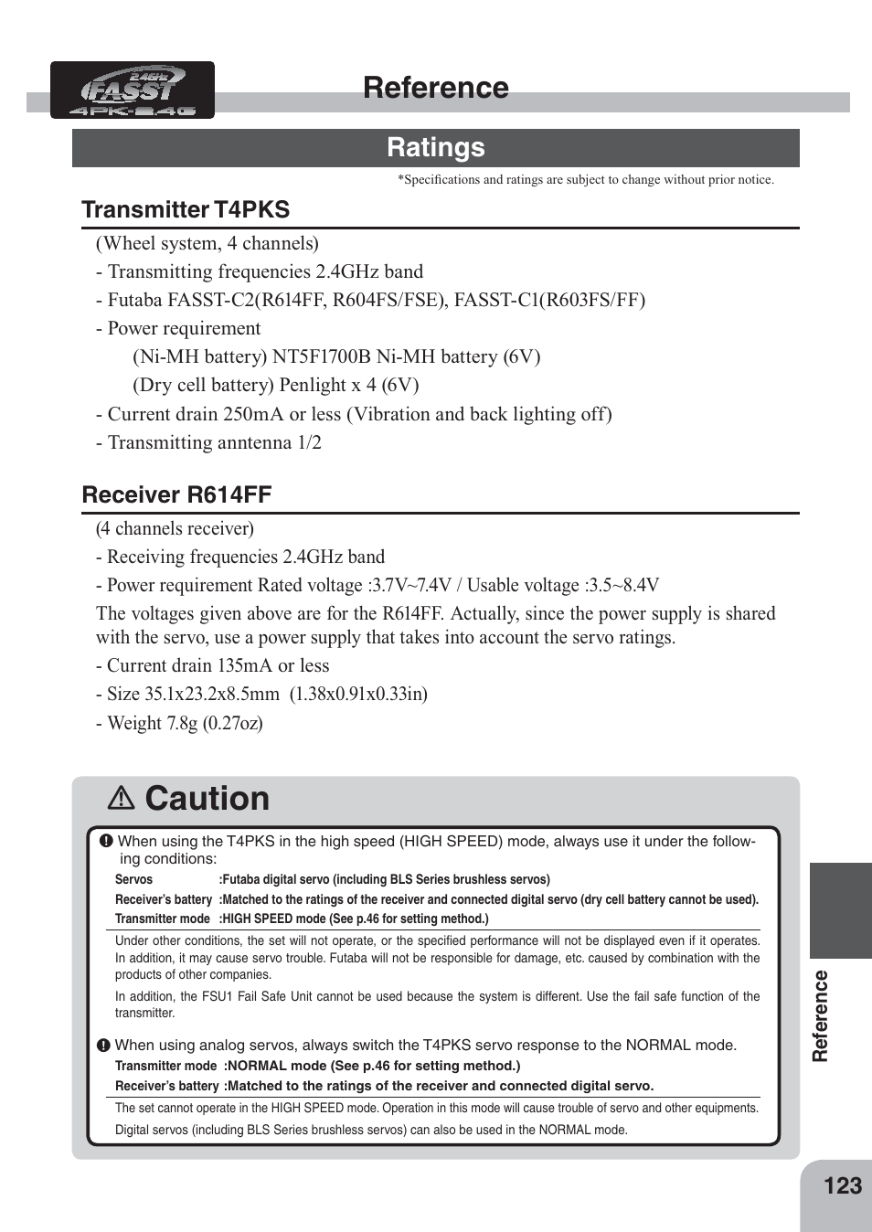 Caution, Reference, Ratings | Transmitter t4pks, Receiver r614ff | Futaba 4PKS 2.4GHz User Manual | Page 123 / 129