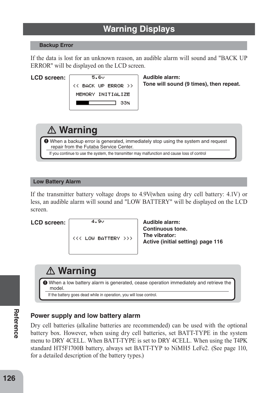 Ｎ warning, Warning displays | Futaba 4PKS 2.4GHz User Manual | Page 126 / 129