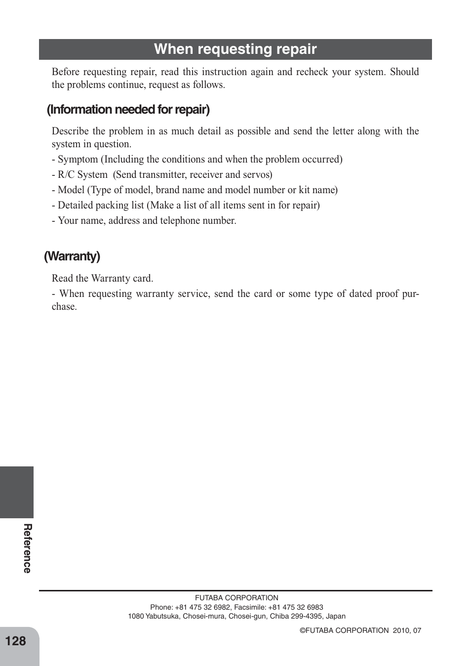 When requesting repair, Information needed for repair), Warranty) | Futaba 4PKS 2.4GHz User Manual | Page 128 / 129