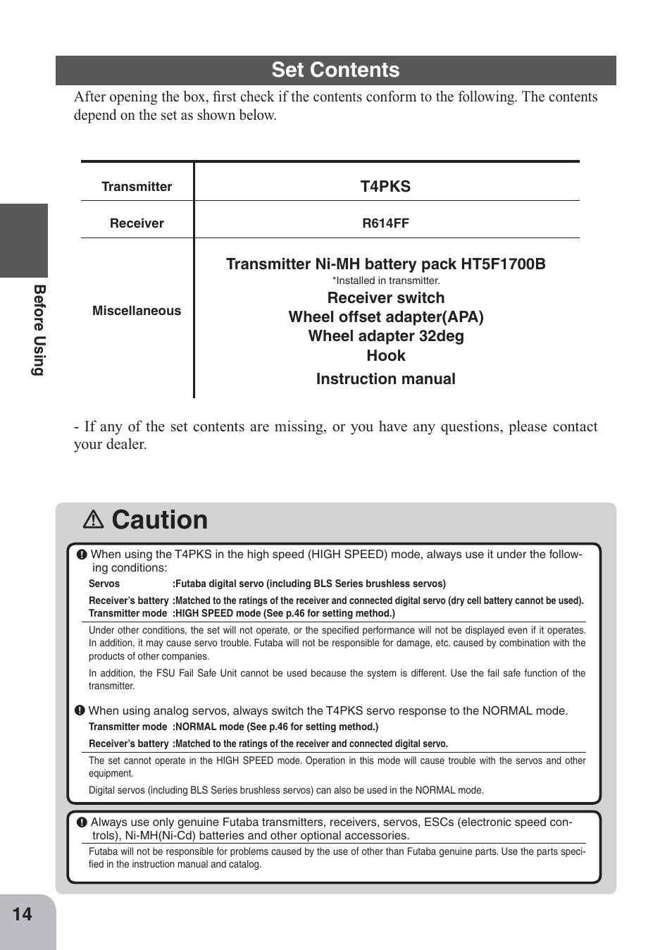 Caution, Set contents | Futaba 4PKS 2.4GHz User Manual | Page 14 / 129