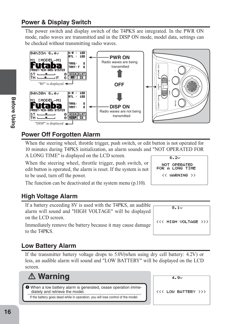 Ｎ warning, Power & display switch, Power off forgotten alarm | High voltage alarm, Low battery alarm | Futaba 4PKS 2.4GHz User Manual | Page 16 / 129