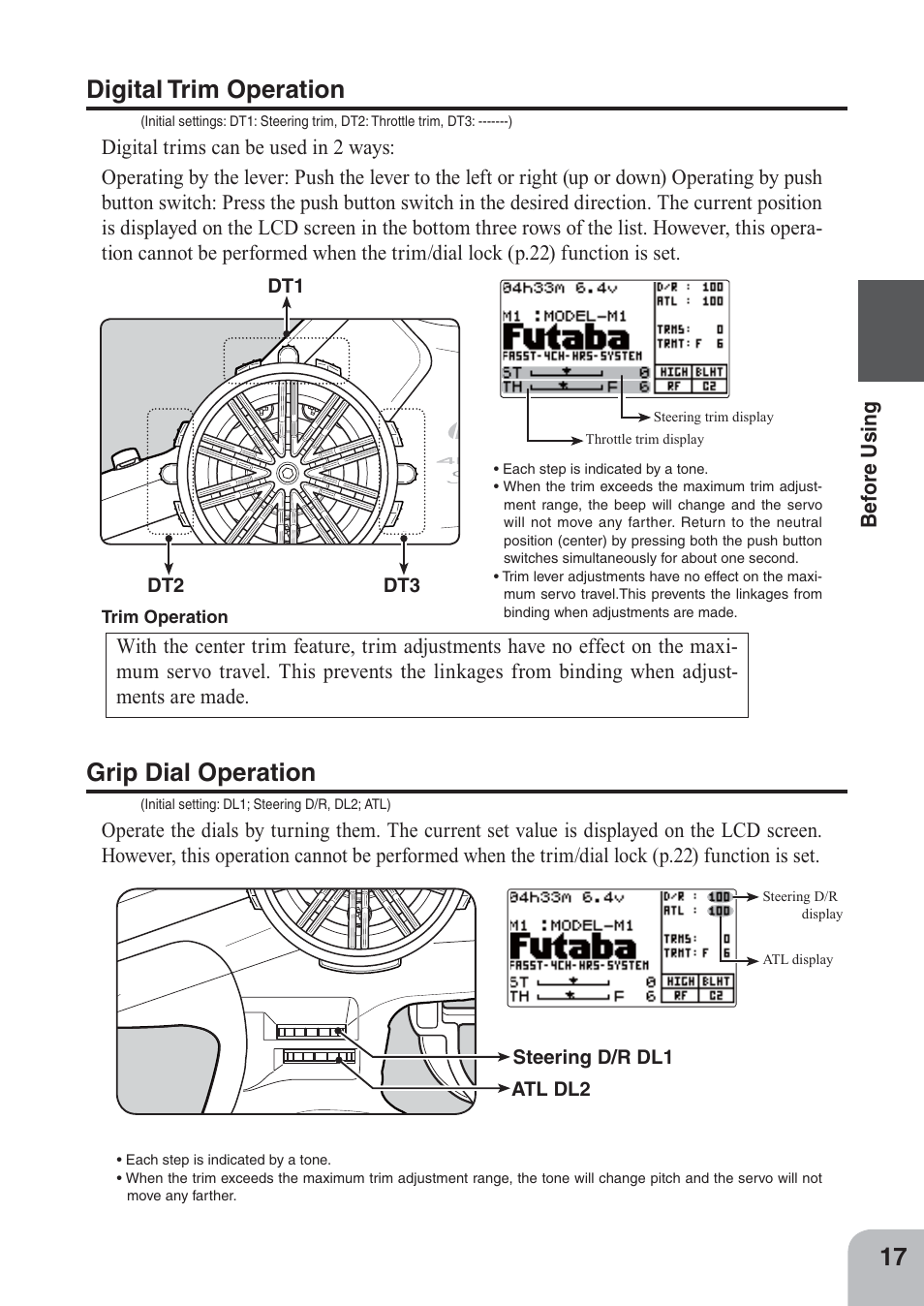Digital trim operation, Grip dial operation, Be for e using | Futaba 4PKS 2.4GHz User Manual | Page 17 / 129