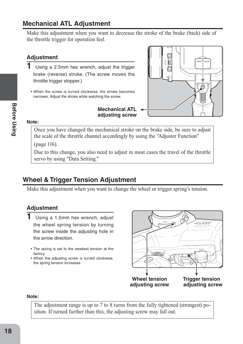 Mechanical atl adjustment, Wheel & trigger tension adjustment | Futaba 4PKS 2.4GHz User Manual | Page 18 / 129