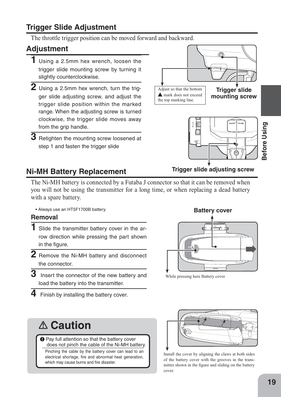 Caution, Ni-mh battery replacement, Trigger slide adjustment | Adjustment | Futaba 4PKS 2.4GHz User Manual | Page 19 / 129
