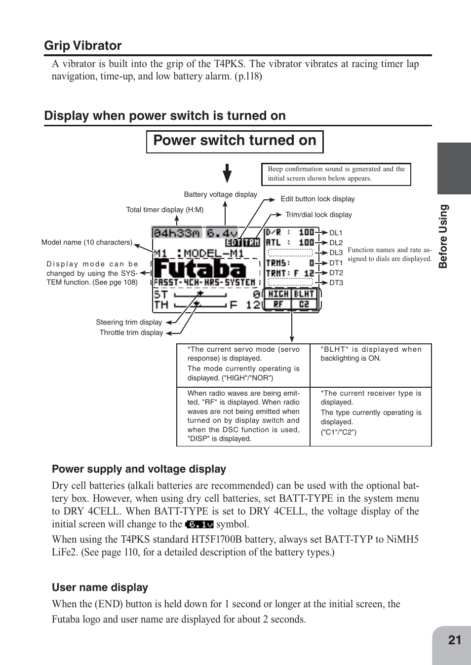 Power switch turned on, Grip vibrator, Display when power switch is turned on | Be for e using | Futaba 4PKS 2.4GHz User Manual | Page 21 / 129