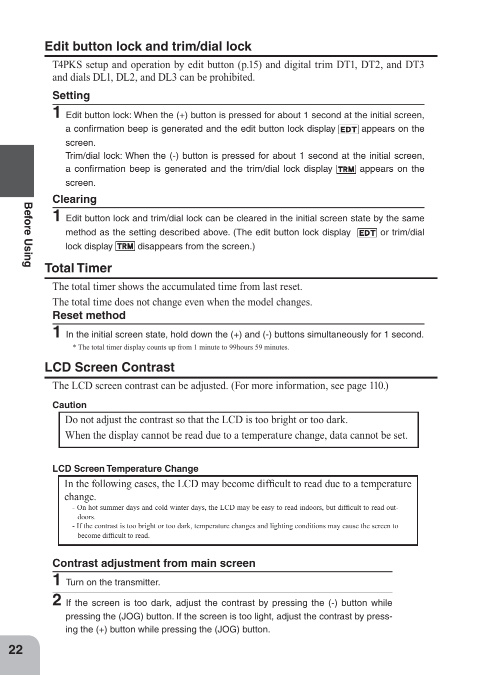 Total timer, Lcd screen contrast, Edit button lock and trim/dial lock | Futaba 4PKS 2.4GHz User Manual | Page 22 / 129