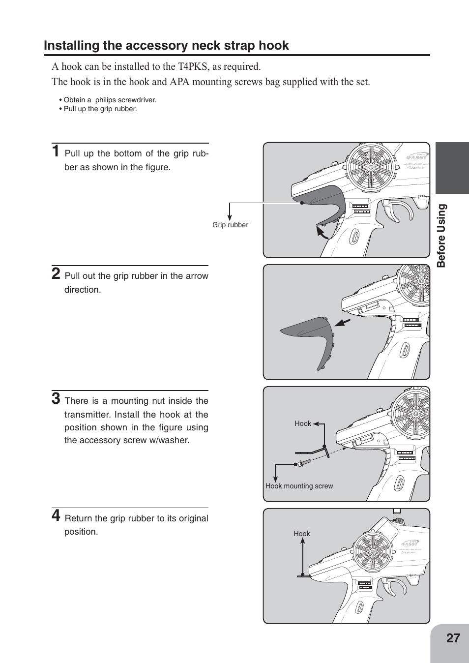 Installing the accessory neck strap hook | Futaba 4PKS 2.4GHz User Manual | Page 27 / 129