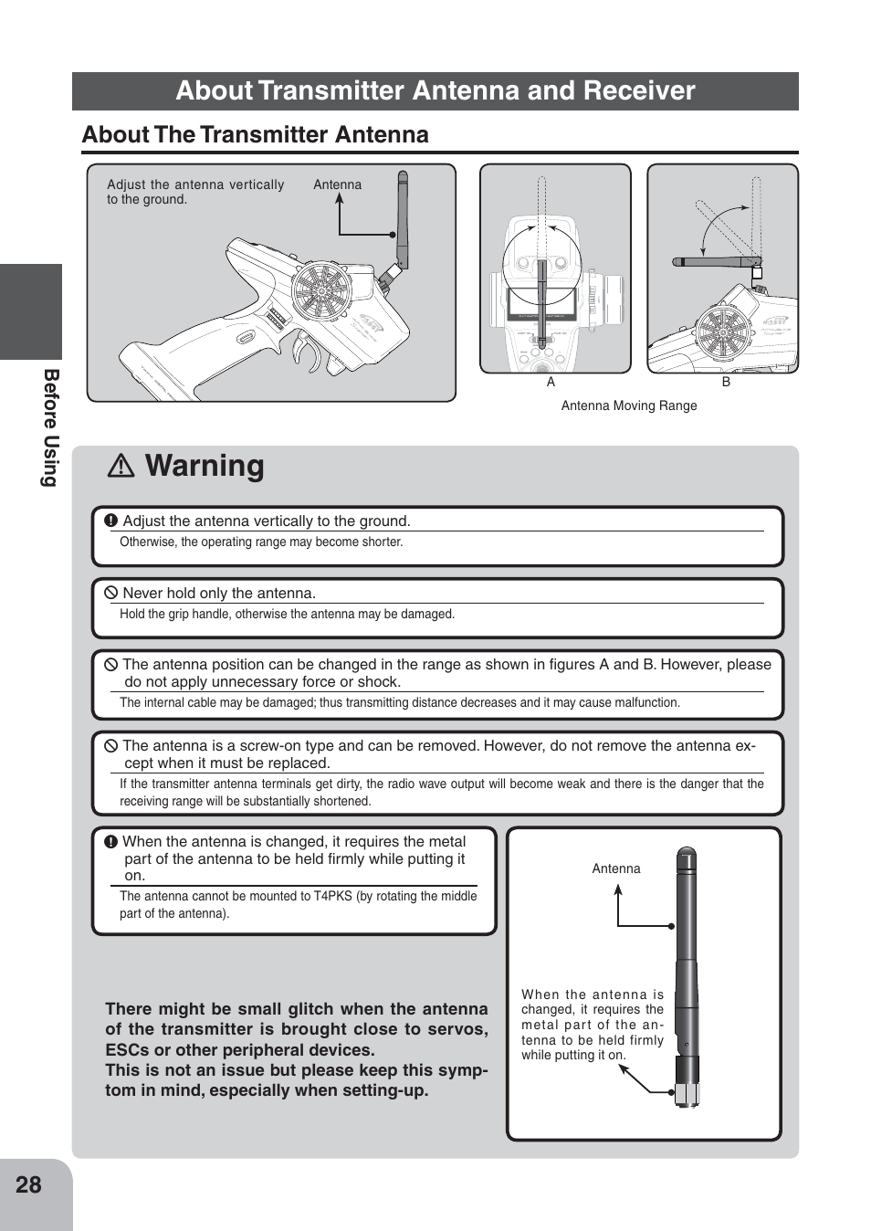 Ｎ warning, About transmitter antenna and receiver, About the transmitter antenna | Be for e using | Futaba 4PKS 2.4GHz User Manual | Page 28 / 129