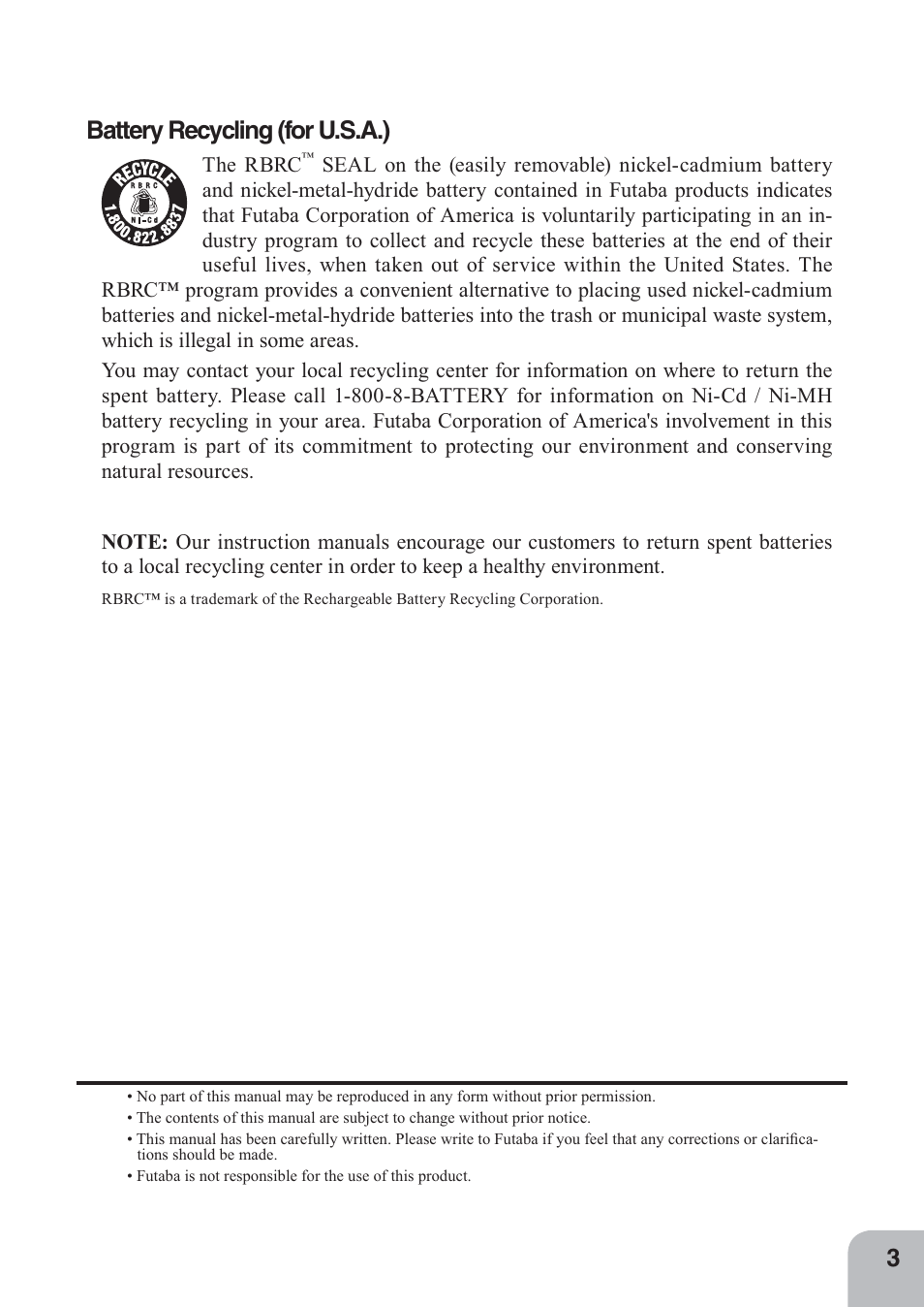 Battery recycling (for u.s.a.) | Futaba 4PKS 2.4GHz User Manual | Page 3 / 129