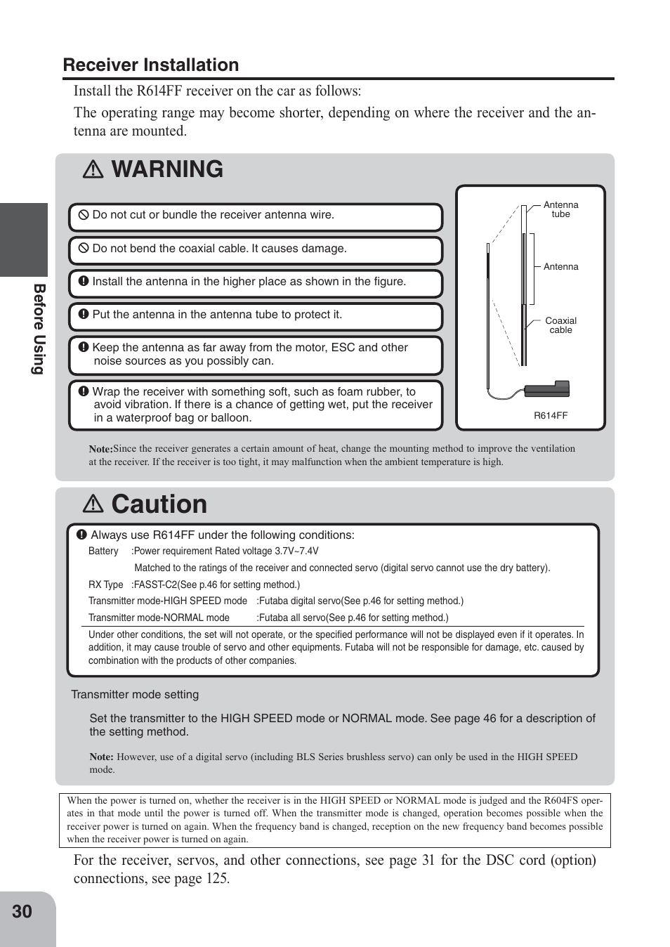 Caution, Ｎ warning ｎ, Receiver installation | Be for e using | Futaba 4PKS 2.4GHz User Manual | Page 30 / 129