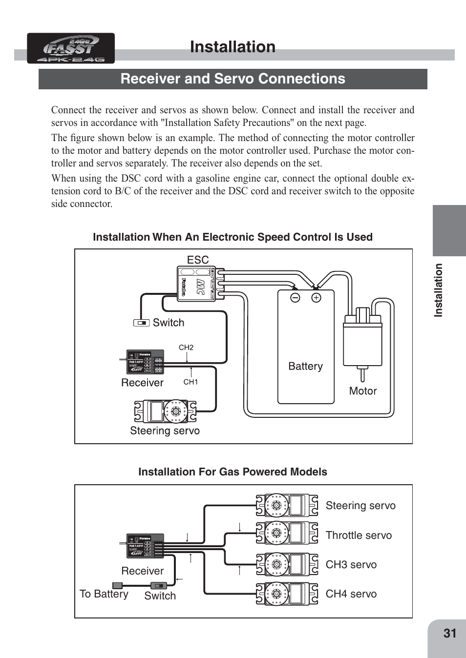 Installation, Receiver and servo connections | Futaba 4PKS 2.4GHz User Manual | Page 31 / 129