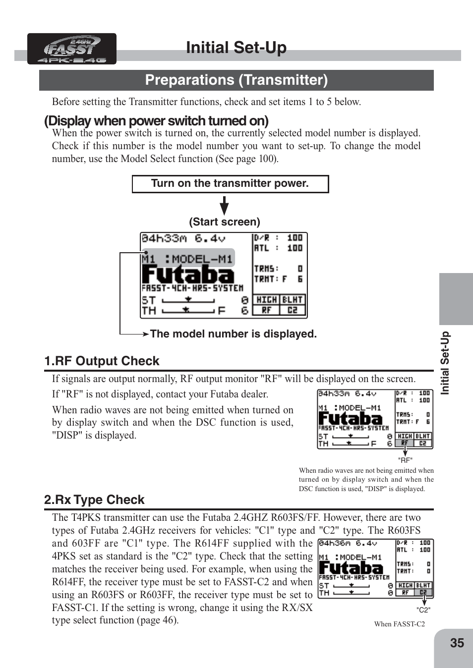 Initial set-up, Preparations (transmitter), Display when power switch turned on) | Futaba 4PKS 2.4GHz User Manual | Page 35 / 129