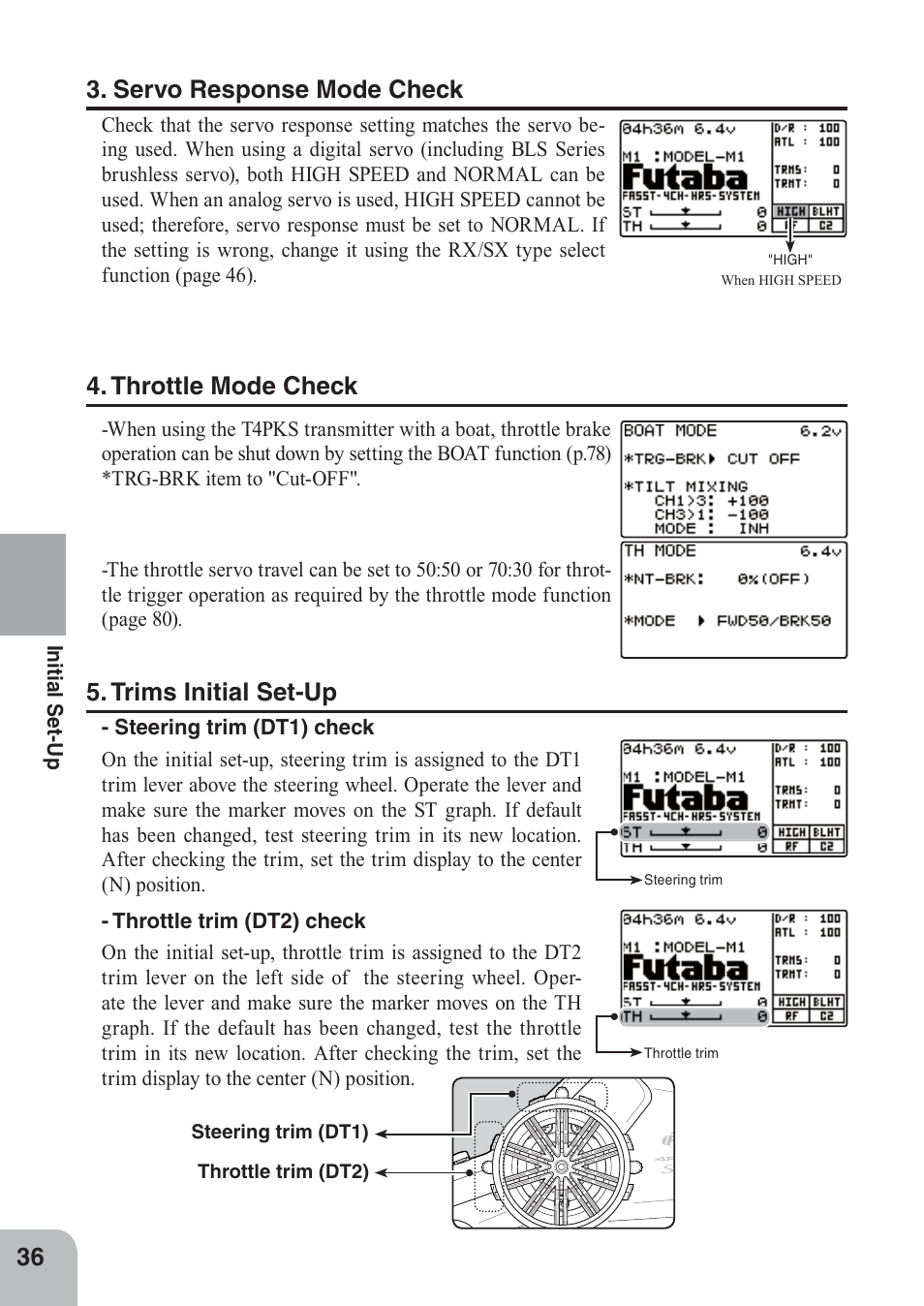 Trims initial set-up, Servo response mode check, Throttle mode check | Futaba 4PKS 2.4GHz User Manual | Page 36 / 129