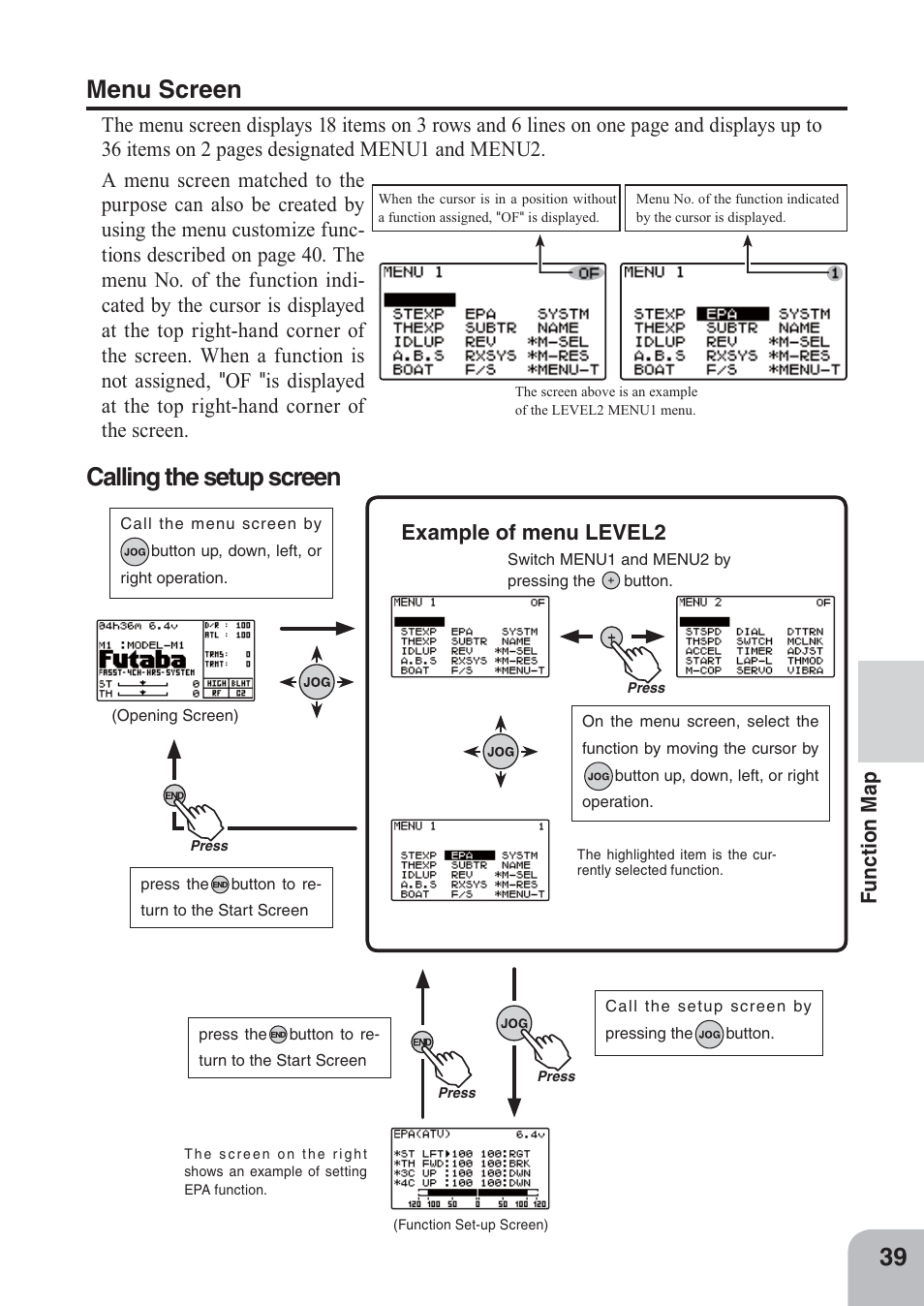 Menu screen, Calling the setup screen, Example of menu level2 | Futaba 4PKS 2.4GHz User Manual | Page 39 / 129