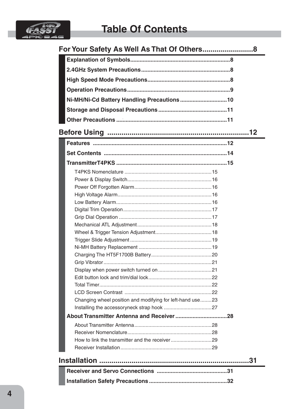 Futaba 4PKS 2.4GHz User Manual | Page 4 / 129