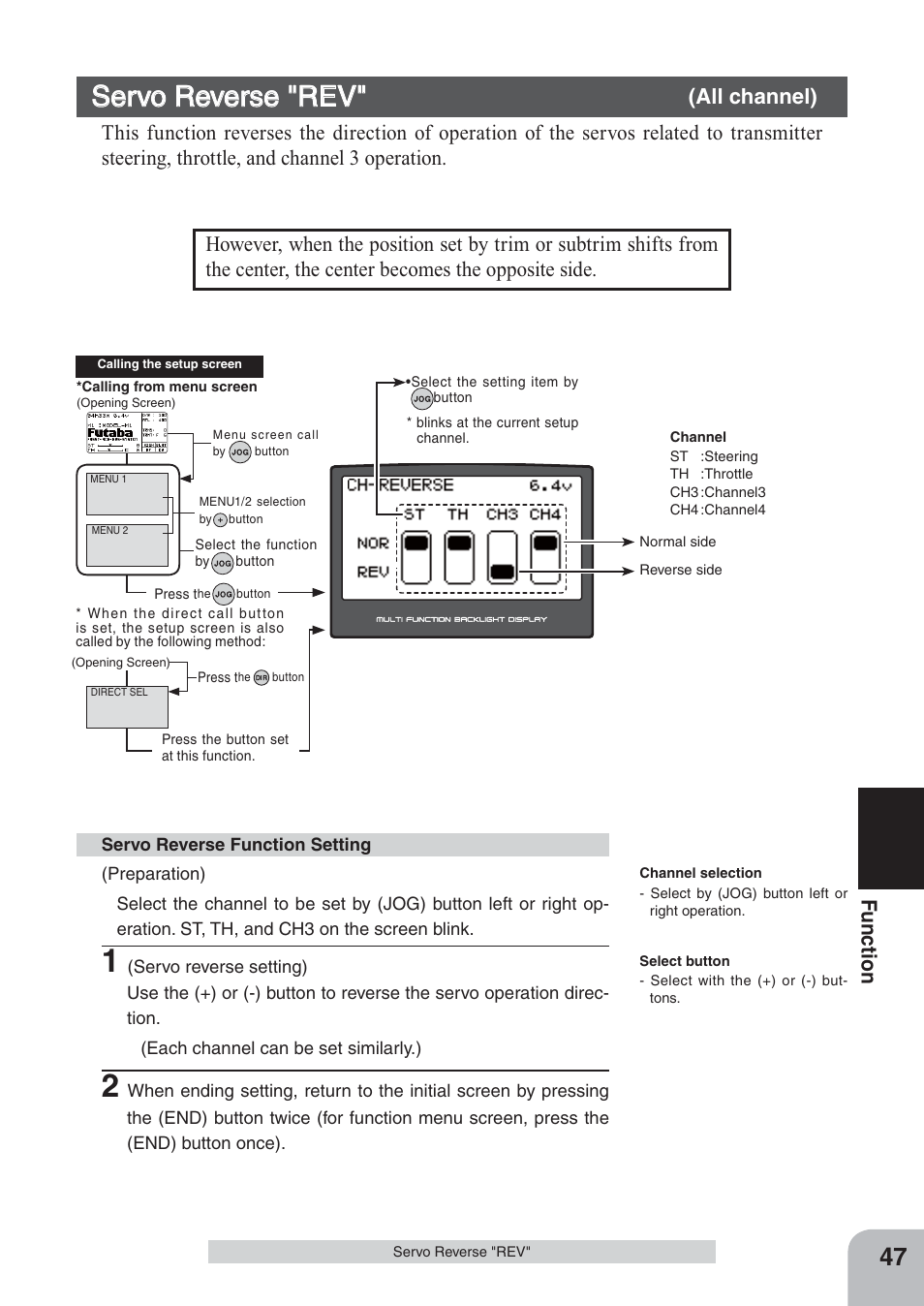 Servo reverse "rev, Fu n c tio n | Futaba 4PKS 2.4GHz User Manual | Page 47 / 129