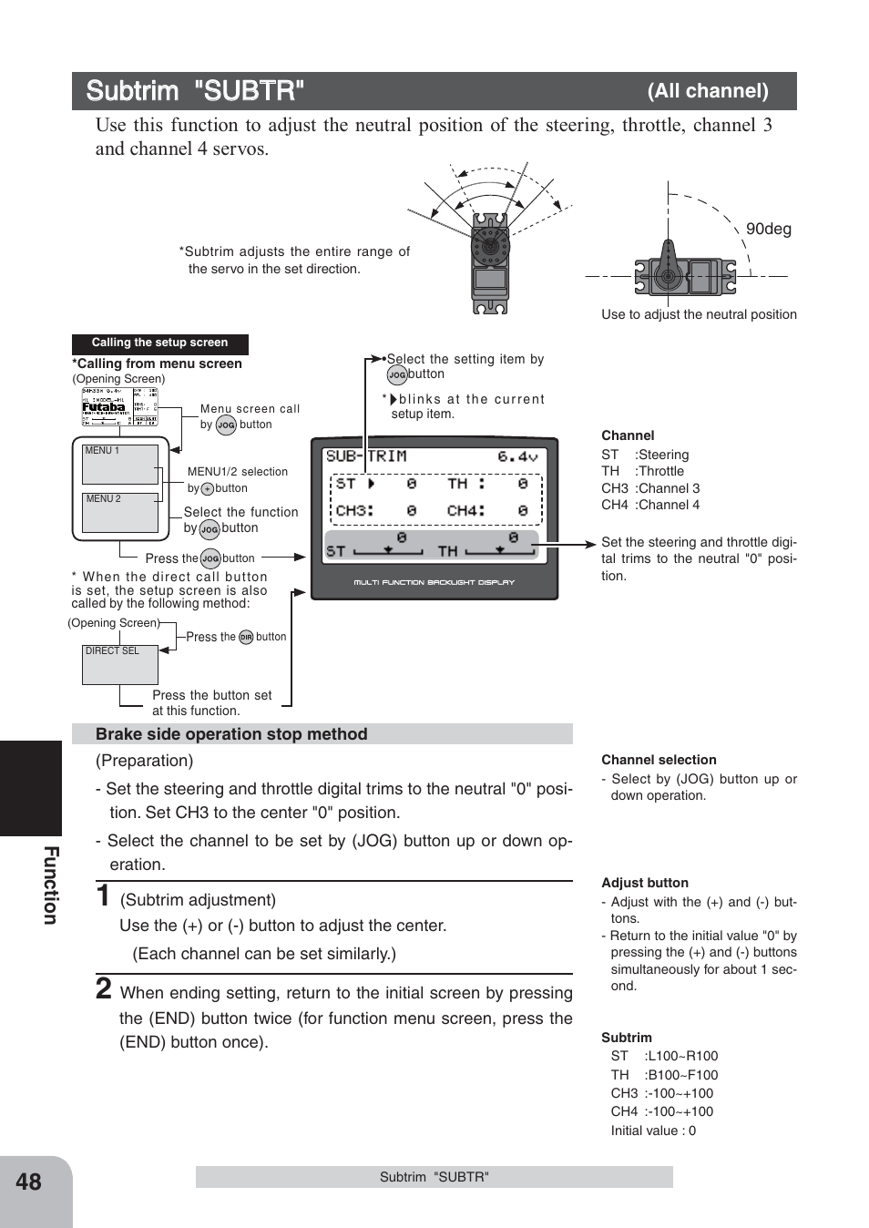 Subtrim "subtr, Fu n c tio n, All channel) | Futaba 4PKS 2.4GHz User Manual | Page 48 / 129