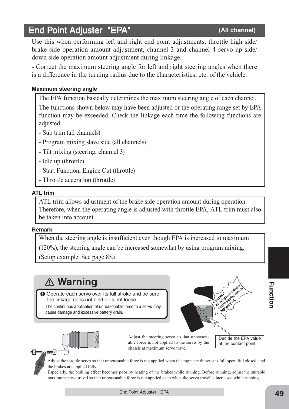 Ｎ warning, End point adjuster "epa, Fu n c tio n | Futaba 4PKS 2.4GHz User Manual | Page 49 / 129