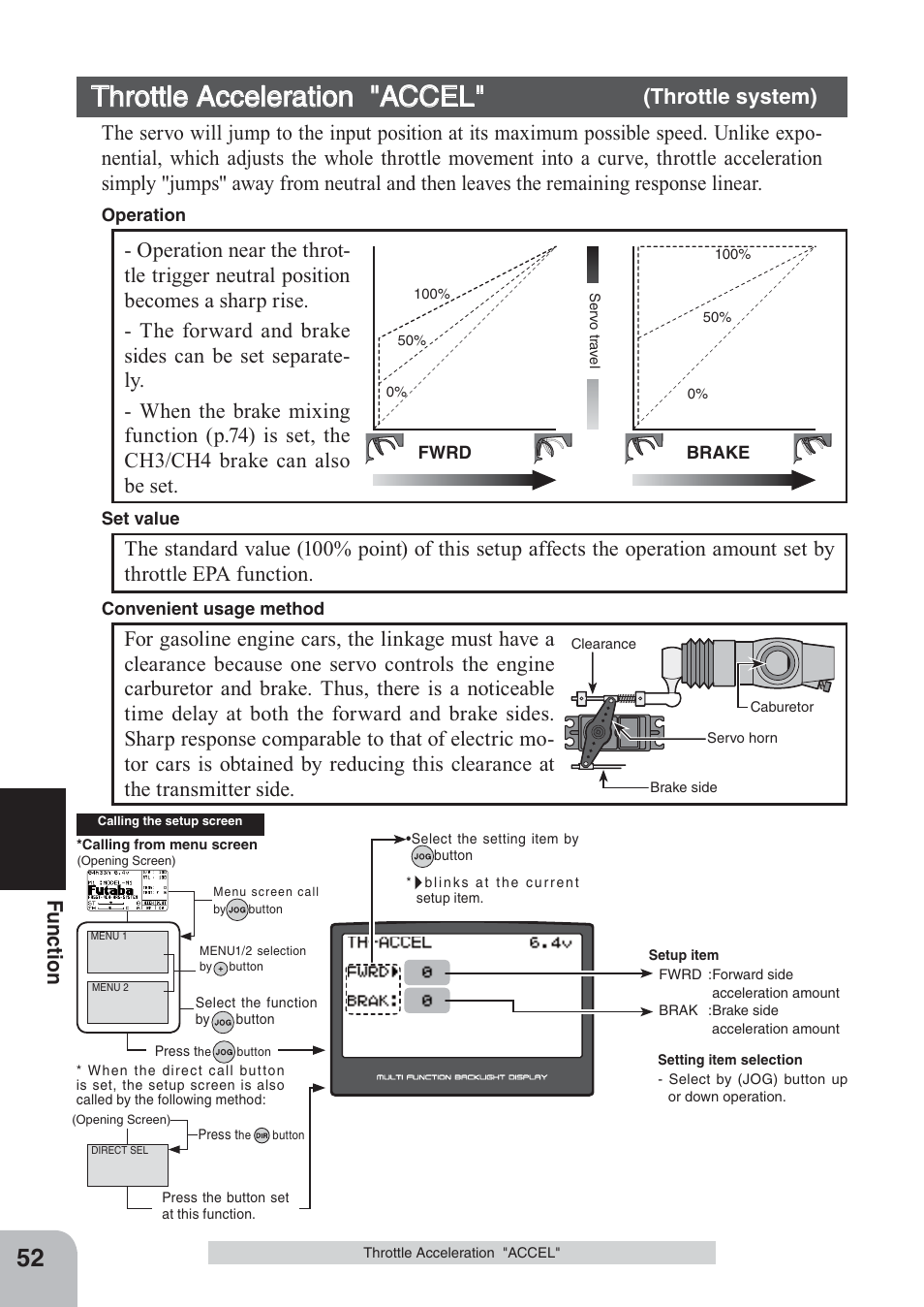 Throttle acceleration "accel, Fu n c tio n | Futaba 4PKS 2.4GHz User Manual | Page 52 / 129