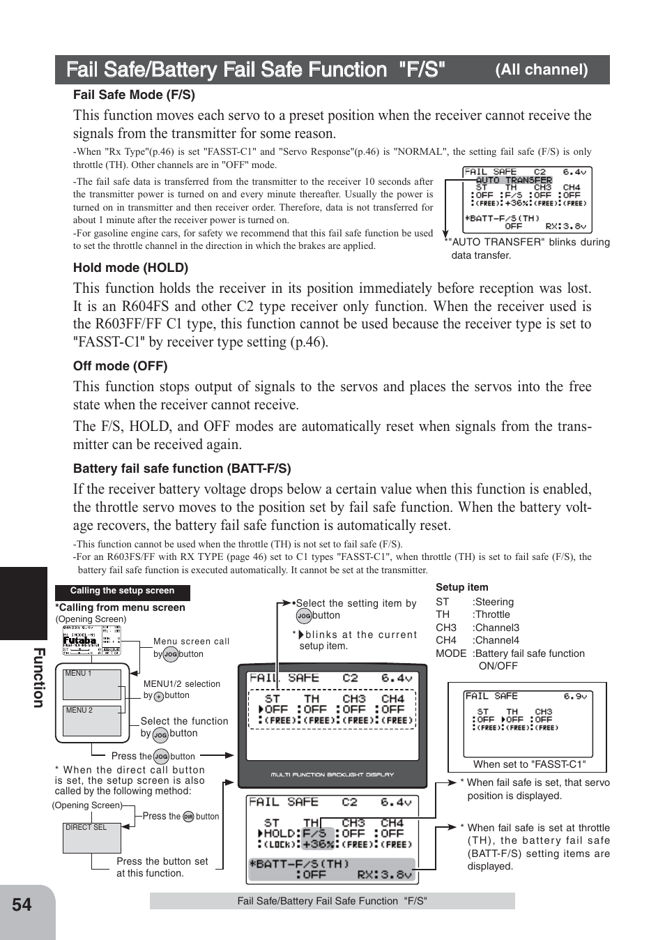 Fail safe/battery fail safe function "f/s, Fu n c tio n, All channel) | Futaba 4PKS 2.4GHz User Manual | Page 54 / 129