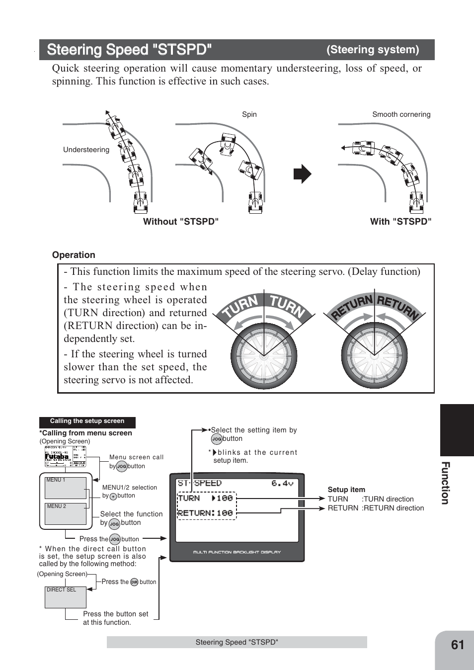 Steering speed "stspd, Tu rn turn, Fu n c tio n | Ret ur n retu rn | Futaba 4PKS 2.4GHz User Manual | Page 61 / 129