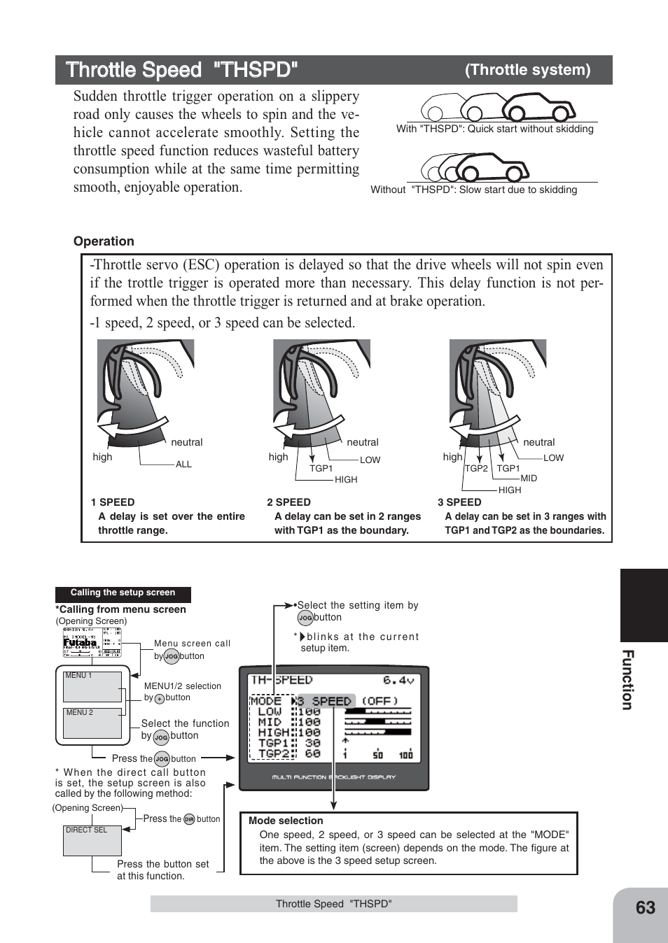 Throttle speed "thspd, Fu n c tio n | Futaba 4PKS 2.4GHz User Manual | Page 63 / 129