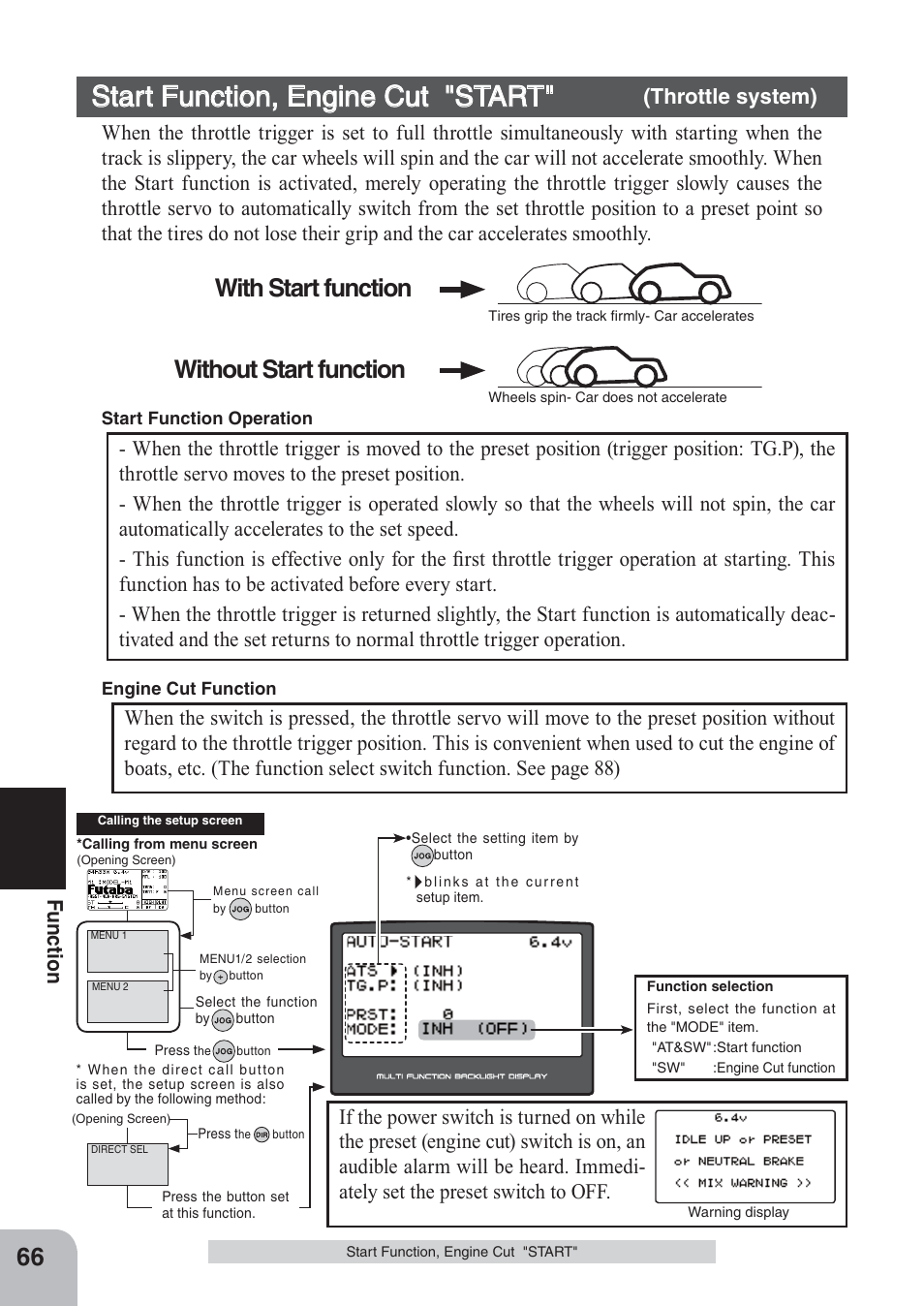 Start function, engine cut "start, Without start function with start function, Fu n c tio n | Futaba 4PKS 2.4GHz User Manual | Page 66 / 129