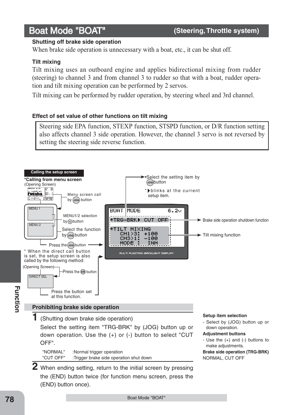 Boat mode "boat, Fu n c tio n, Steering, throttle system) | Futaba 4PKS 2.4GHz User Manual | Page 78 / 129