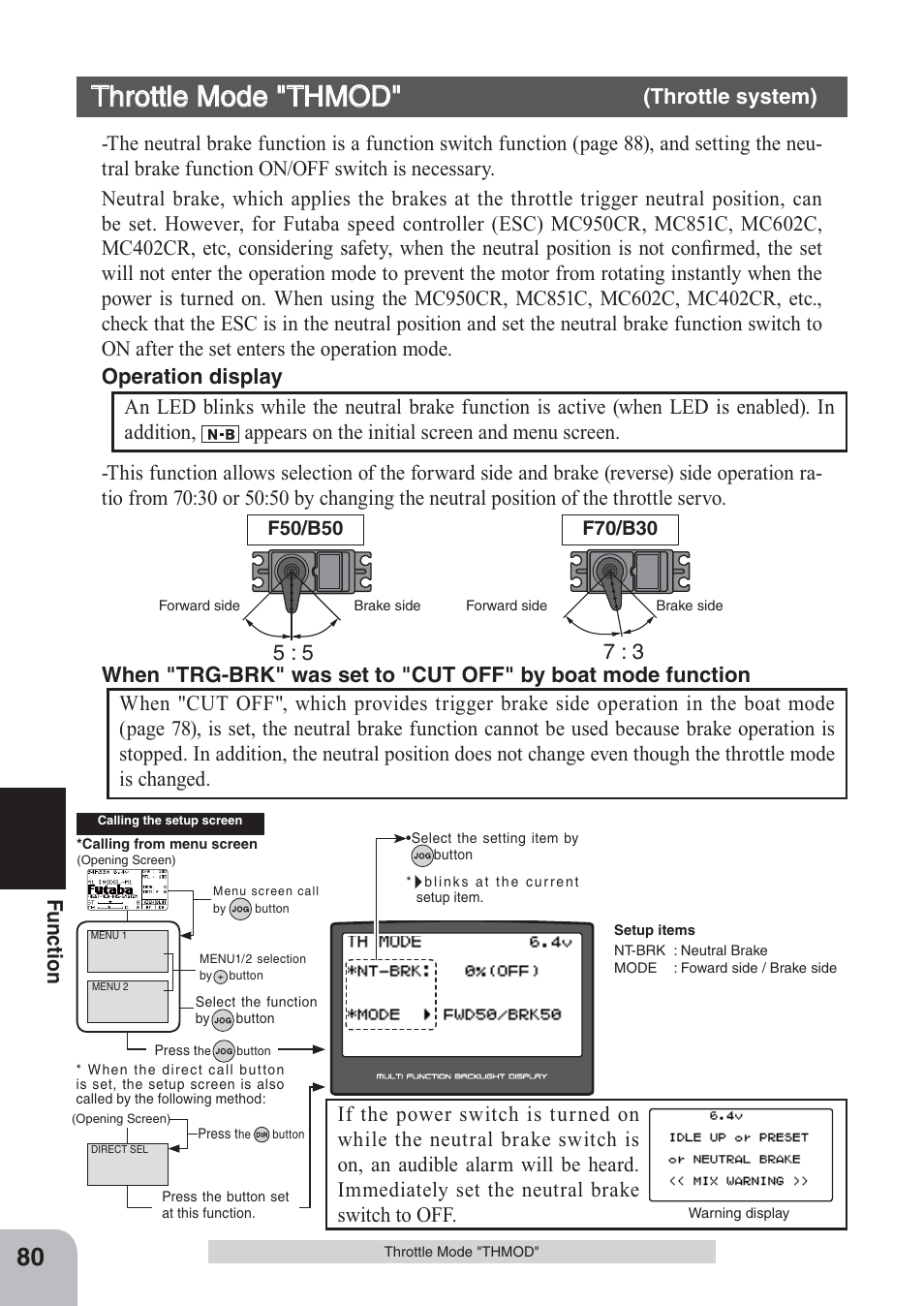 Throttle mode "thmod, Fu n c tio n, Throttle system) | Futaba 4PKS 2.4GHz User Manual | Page 80 / 129