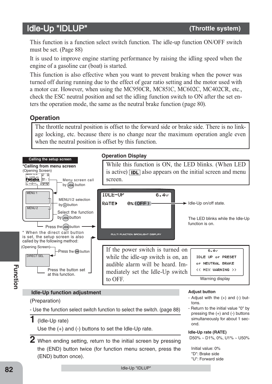 Idle-up "idlup, Fu n c tio n, Throttle system) | Futaba 4PKS 2.4GHz User Manual | Page 82 / 129