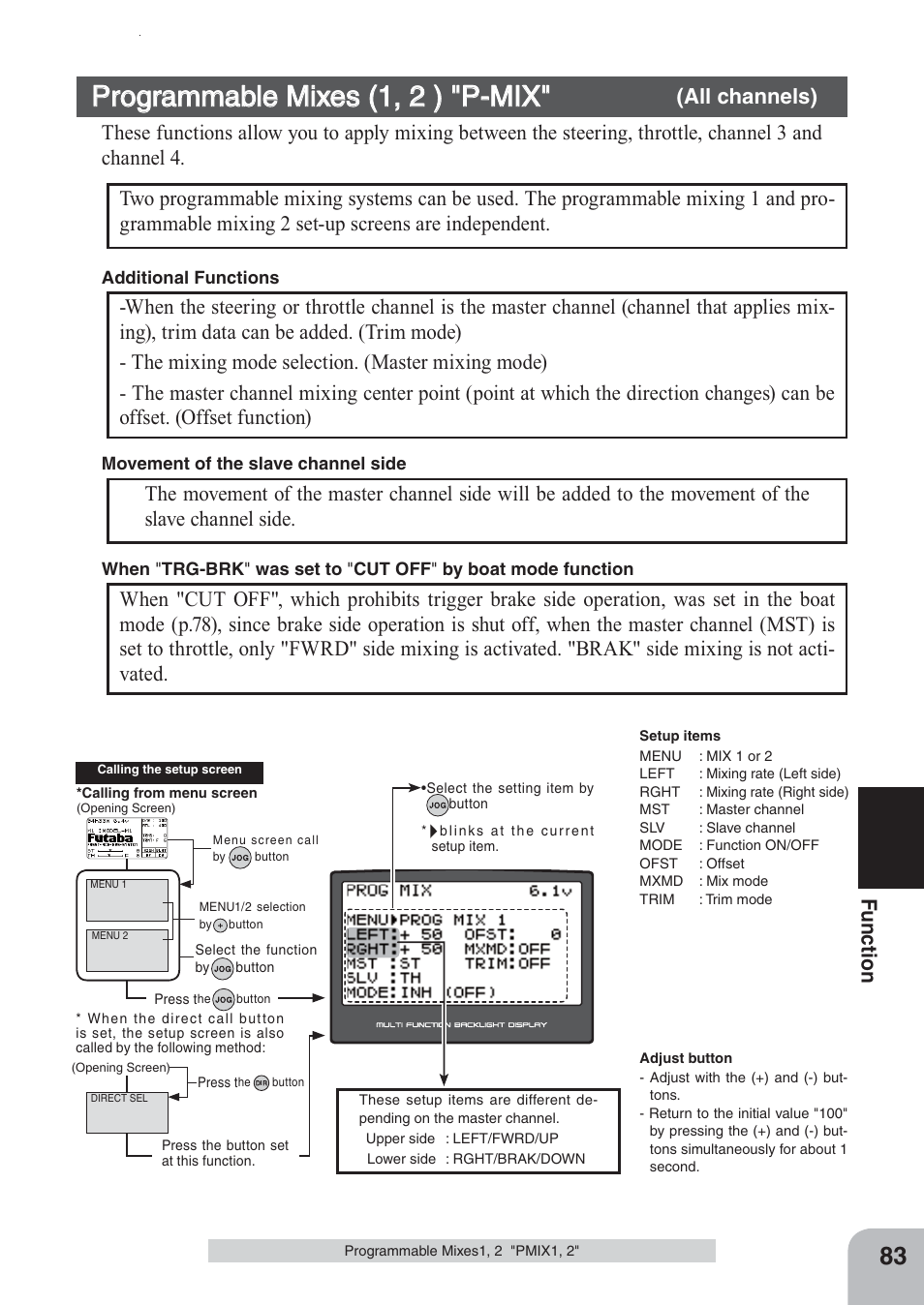Programmable mixes (1, 2 ) "p-mix, Fu n c tio n, All channels) | Futaba 4PKS 2.4GHz User Manual | Page 83 / 129