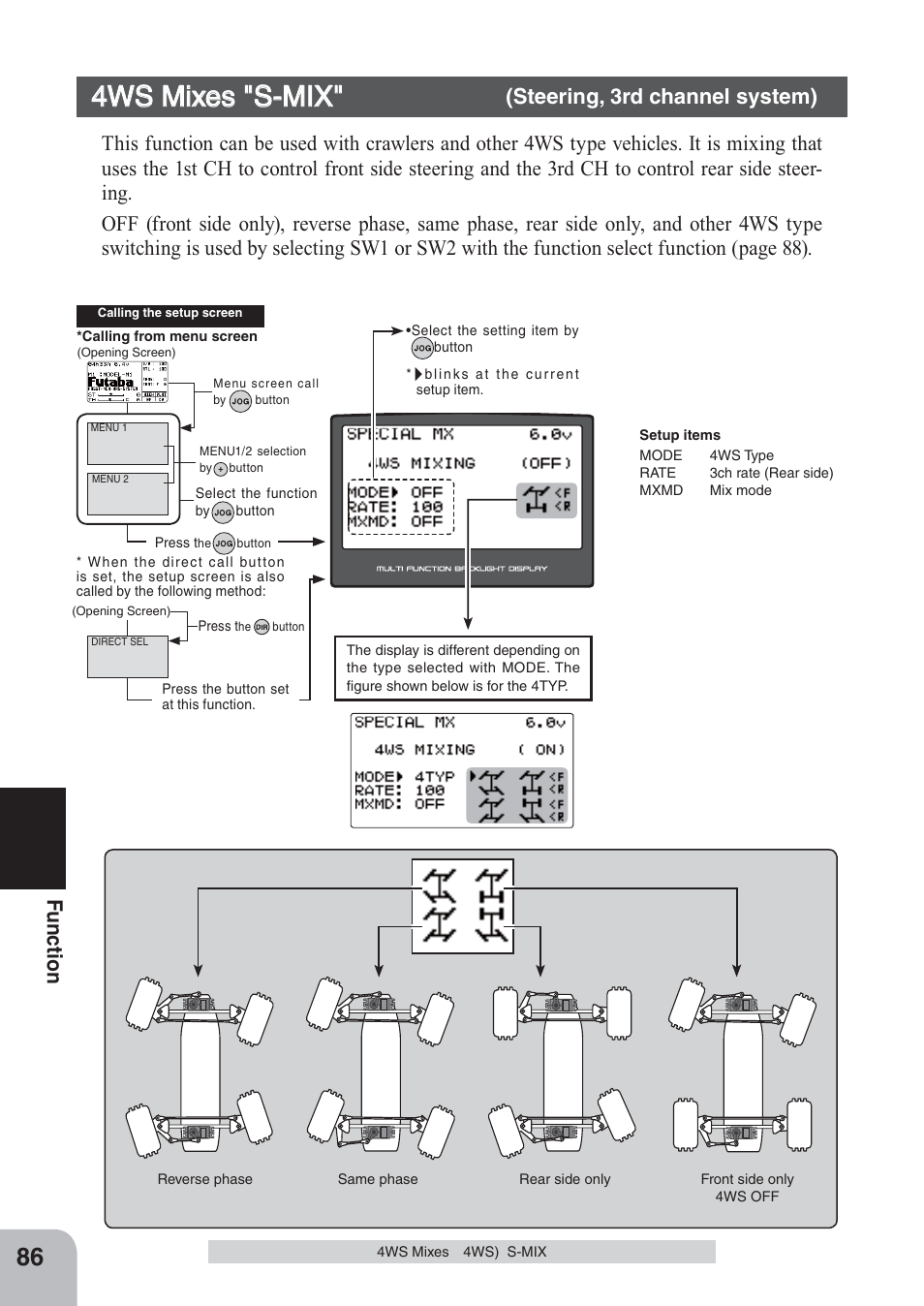 4ws mixes "s-mix, Fu n c tio n, Steering, 3rd channel system) | Futaba 4PKS 2.4GHz User Manual | Page 86 / 129