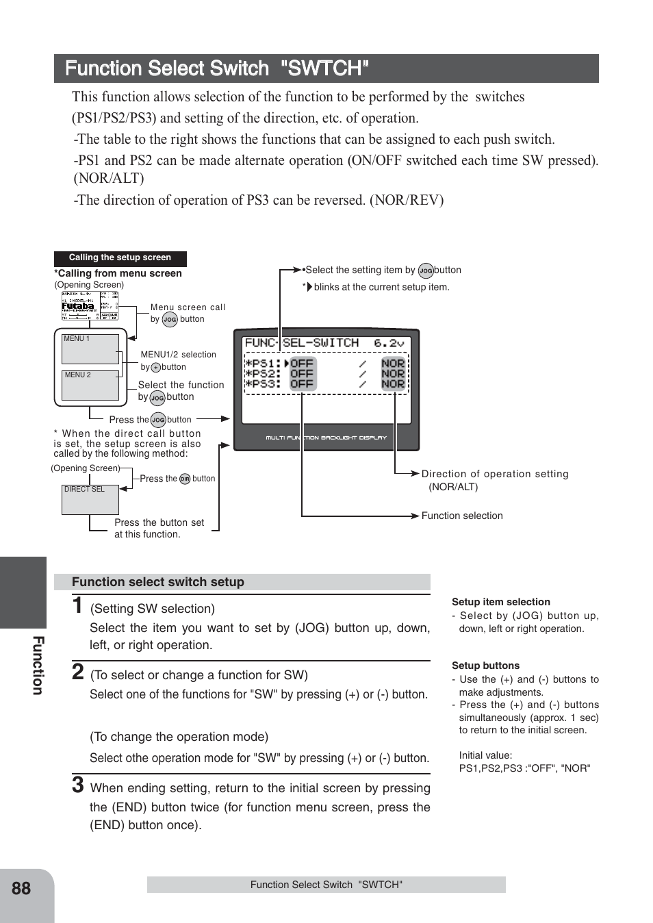 Function select switch "swtch, Fu n c tio n | Futaba 4PKS 2.4GHz User Manual | Page 88 / 129