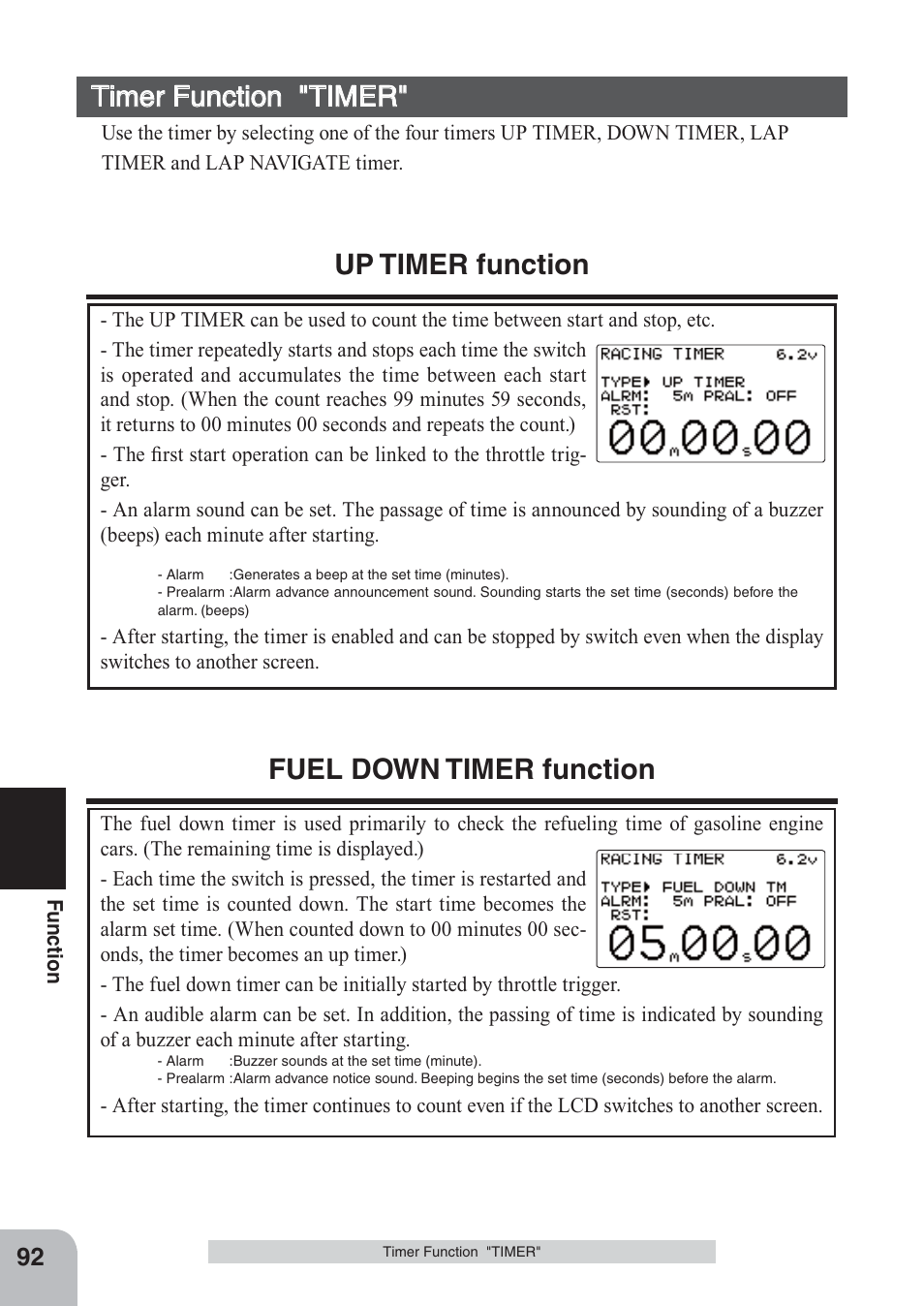 Timer function "timer, Up timer function, Fuel down timer function | Futaba 4PKS 2.4GHz User Manual | Page 92 / 129