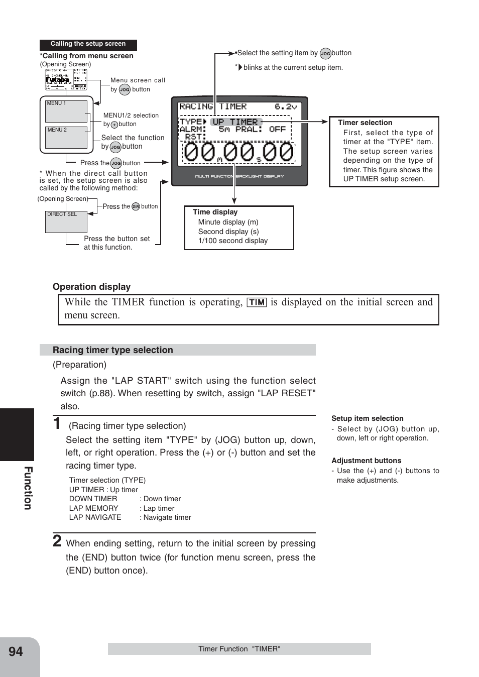 Fu n c tio n, While the timer function is operating, Is displayed on the initial screen and menu screen | Futaba 4PKS 2.4GHz User Manual | Page 94 / 129