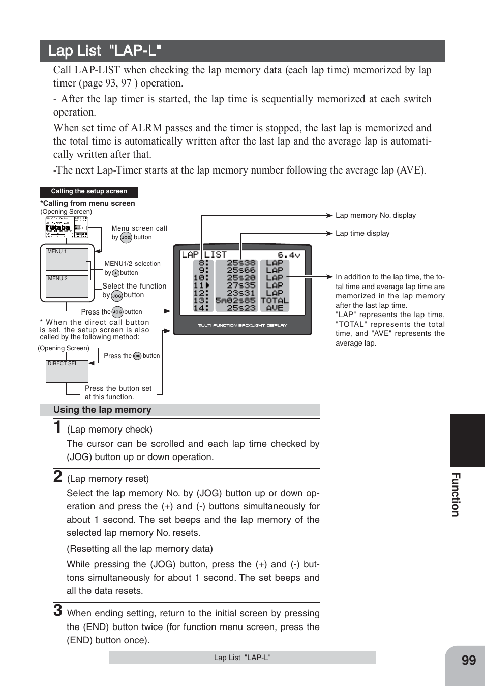 Lap list "lap-l, Fu n c tio n | Futaba 4PKS 2.4GHz User Manual | Page 99 / 129