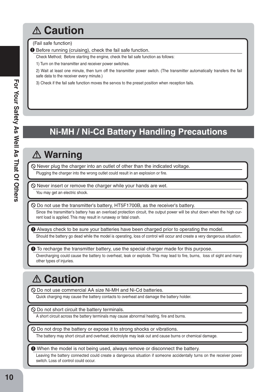 Caution, Warning, Ni-mh / ni-cd battery handling precautions | Futaba 4PKS-R 2.4GHz User Manual | Page 10 / 142