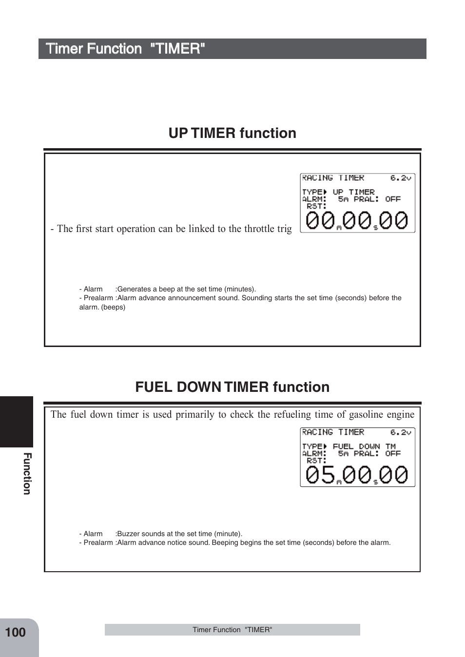 Timer function "timer, Up timer function, Fuel down timer function | Futaba 4PKS-R 2.4GHz User Manual | Page 100 / 142