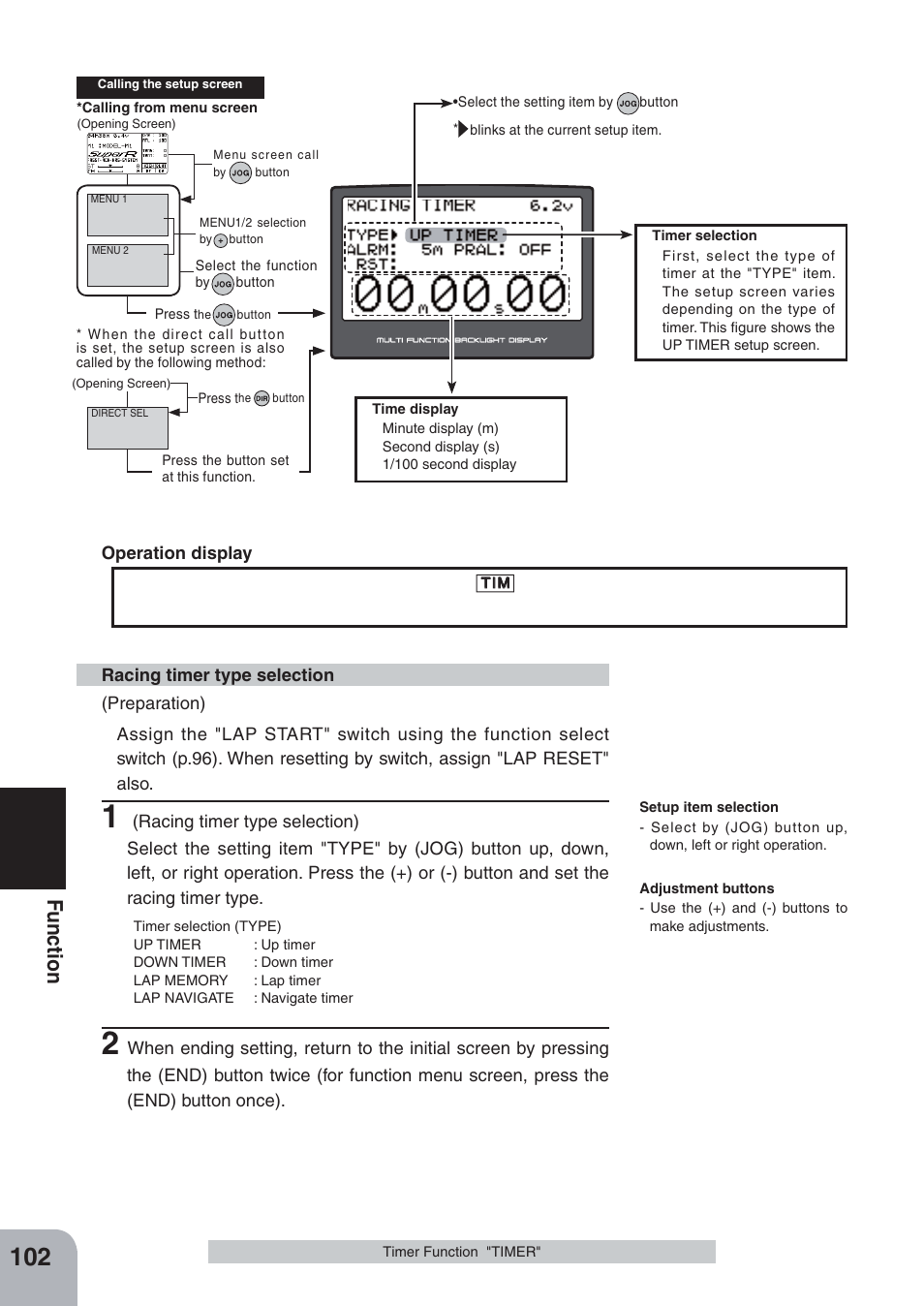 Fu n c tio n, While the timer function is operating, Is displayed on the initial screen and menu screen | Futaba 4PKS-R 2.4GHz User Manual | Page 102 / 142