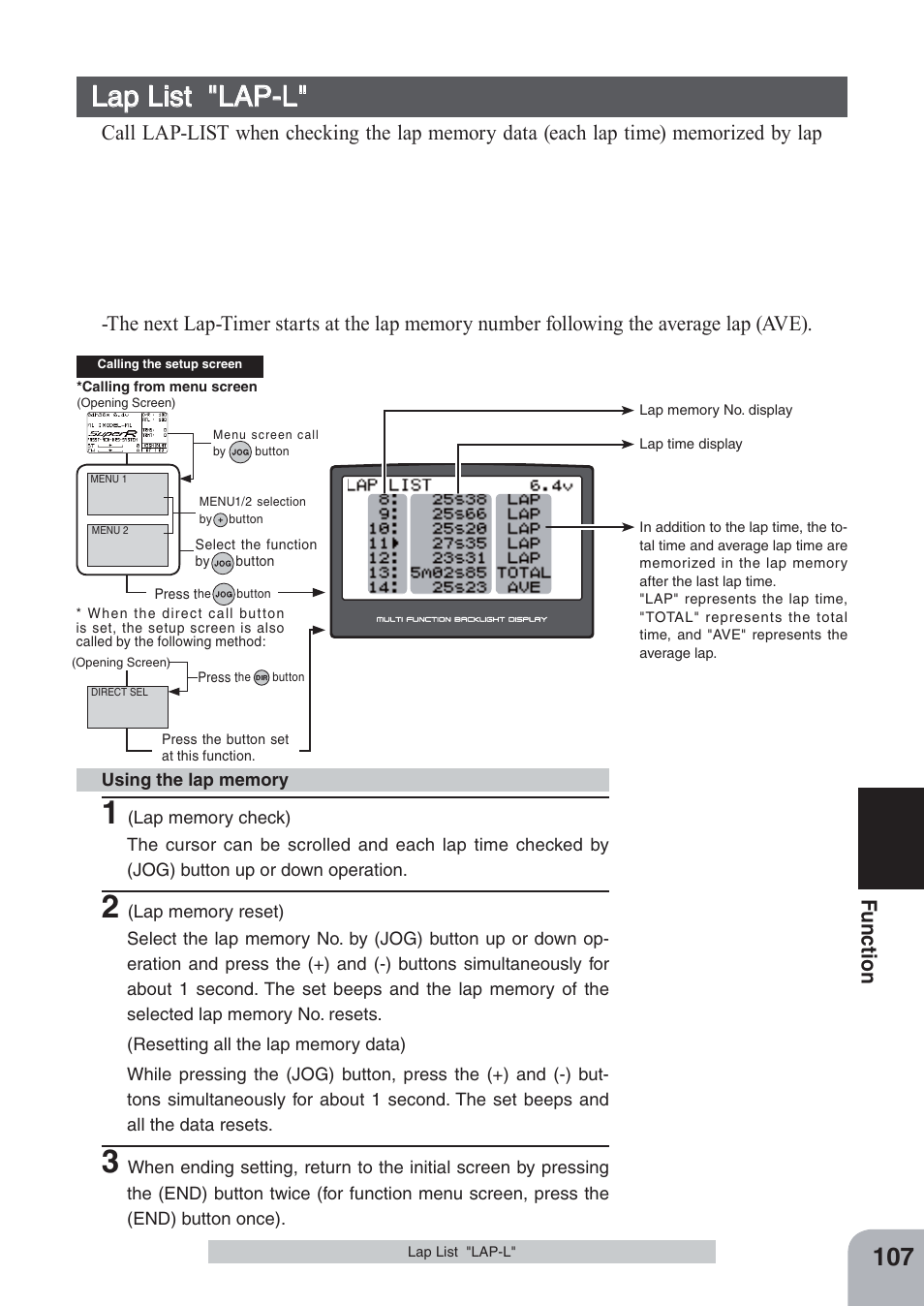 Lap list "lap-l, Fu n c tio n | Futaba 4PKS-R 2.4GHz User Manual | Page 107 / 142