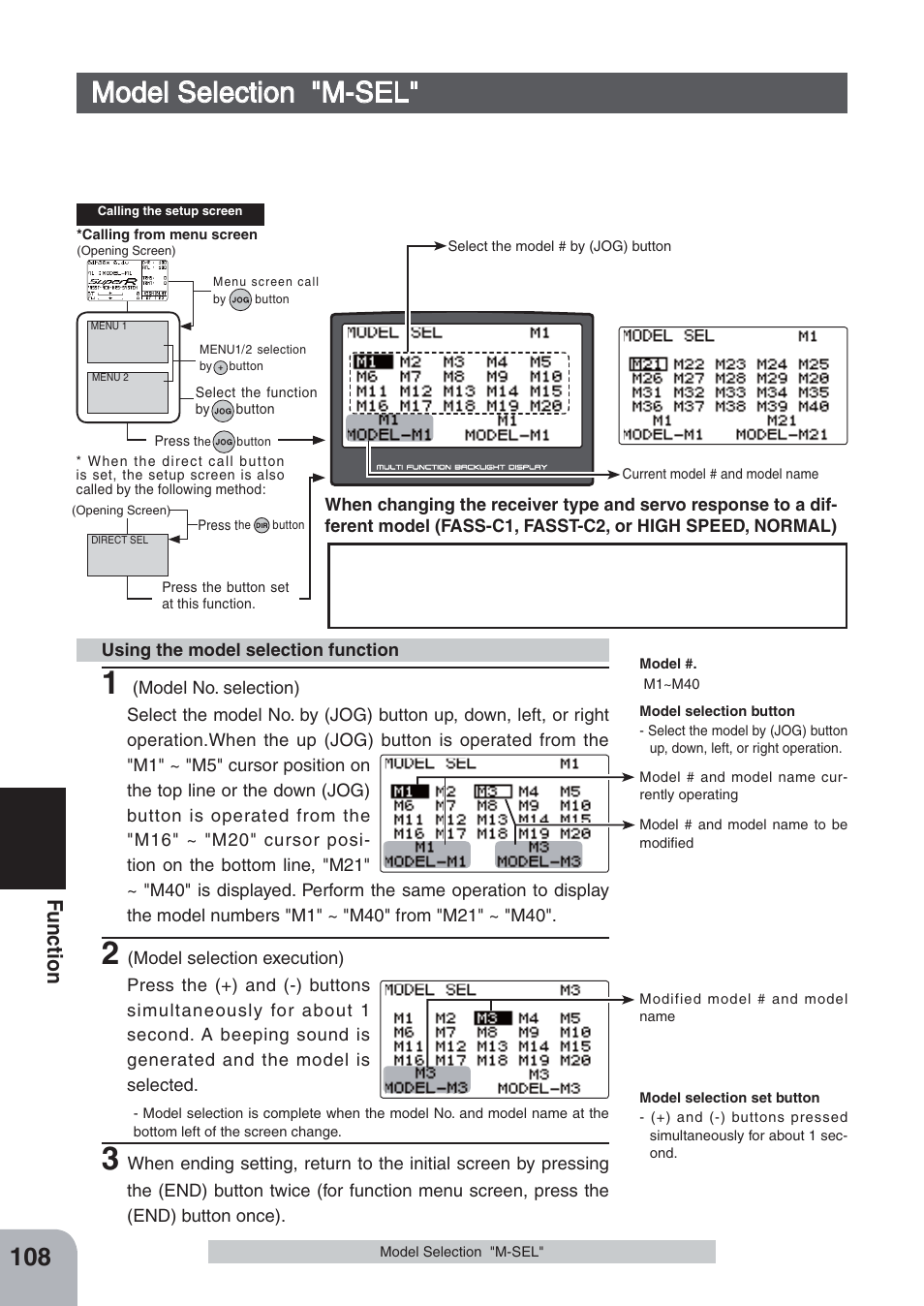 Model selection "m-sel, Fu n c tio n | Futaba 4PKS-R 2.4GHz User Manual | Page 108 / 142