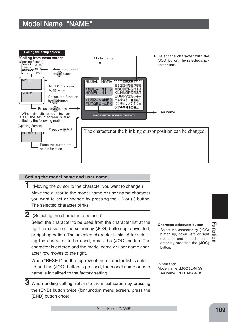 Model name "name, Fu n c tio n | Futaba 4PKS-R 2.4GHz User Manual | Page 109 / 142